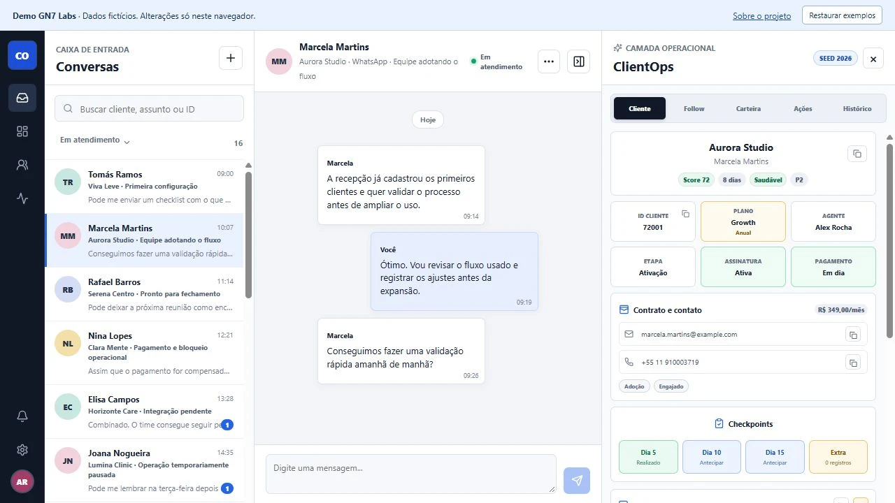 ClientOps Sidebar — Telas reais da demonstração, com dados fictícios.
